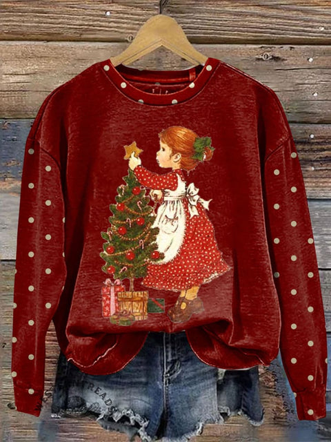 Christmas Art Print Casual Cotton Sweatshirt