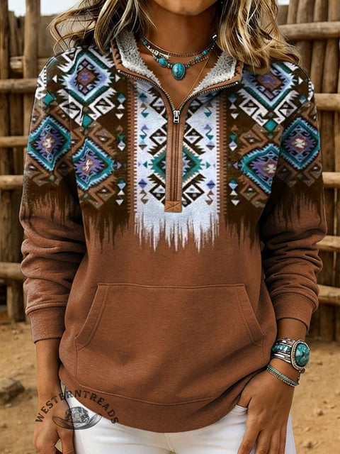 Retro Aztec Print Casual Half-zip Cotton Sweatshirt