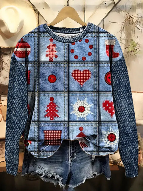 Christmas Heart Texture Print Casual Cotton Sweatshirt