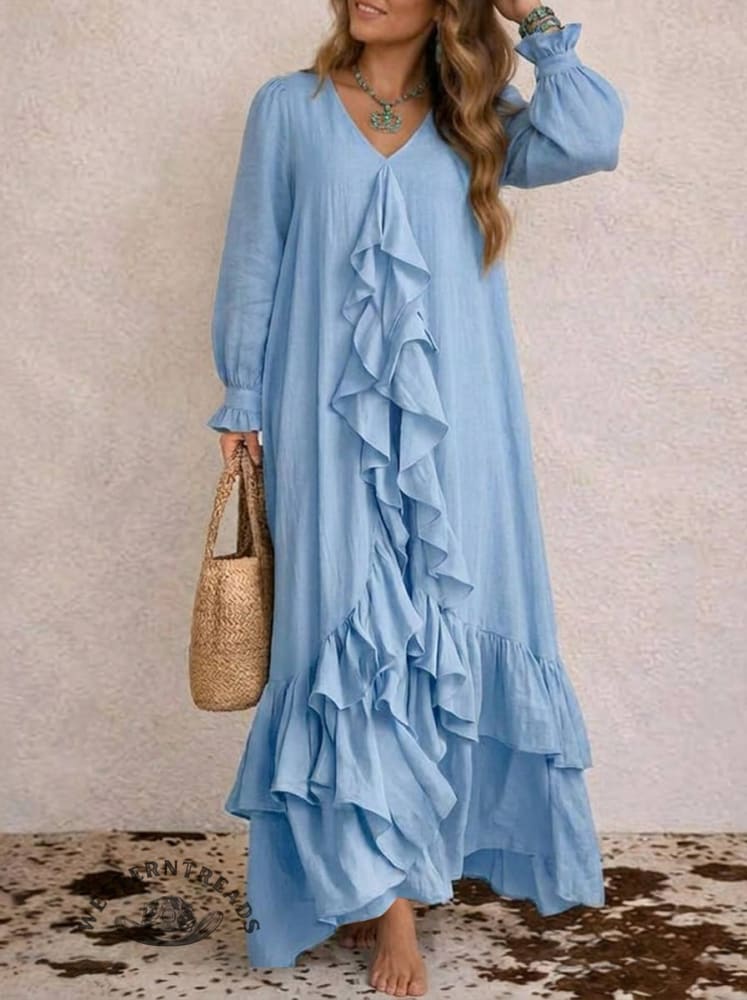 Light Blue Boho Cascade Ruffle Maxi Dres