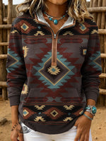 Retro Aztec Print Casual Half-zip Cotton Sweatshirt