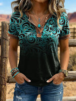 Vintage Print Western Contrast Henley Neck T-shirt