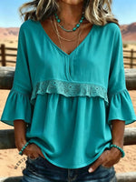 Women's Vintage Lace Patchwork Ruffle Neck Cotton Top