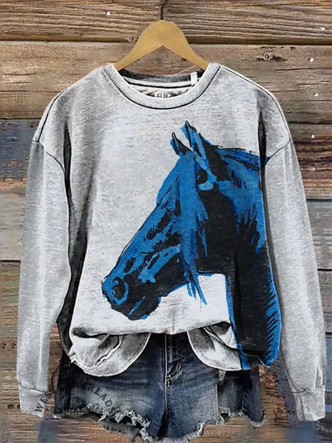 Simple Horse Art Print Casual Cotton Sweatshirt