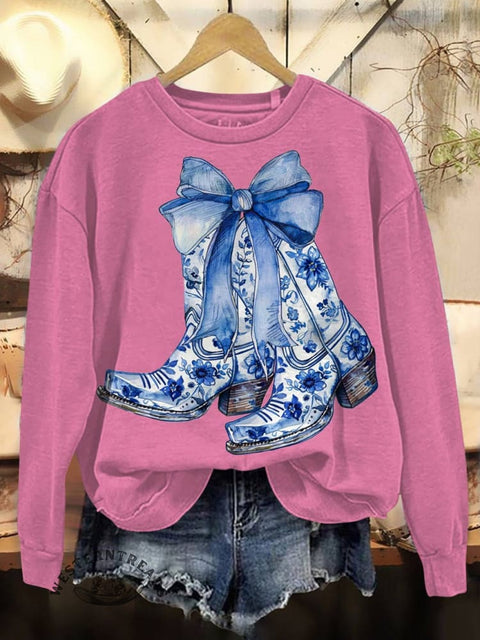 Western Boots Print Casual Cotton Sweatshirt