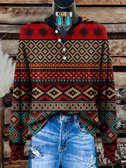 Retro Color Aztec Print Buttoned Cardigan Sweater