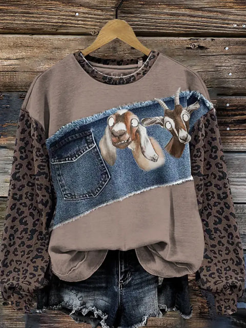 Funny Goat Leopard Print Denim Patchwork Casual Cotton Sweatshirt