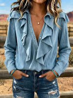 Women's Casual V-neck Ruffled Denim Shirt