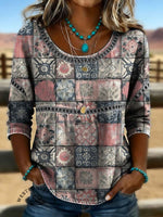 Women's Vintage Print Casual 3/4 Sleeves Hollow Denim Shirt