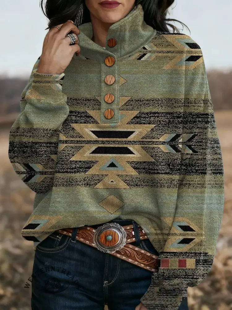 Women's Western Art Print Casual Stand Collar Button-up Sweatshirt