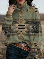 Women's Western Art Print Casual Stand Collar Button-up Sweatshirt