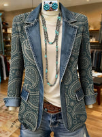 Paisley Print Patchwork Denim Coat