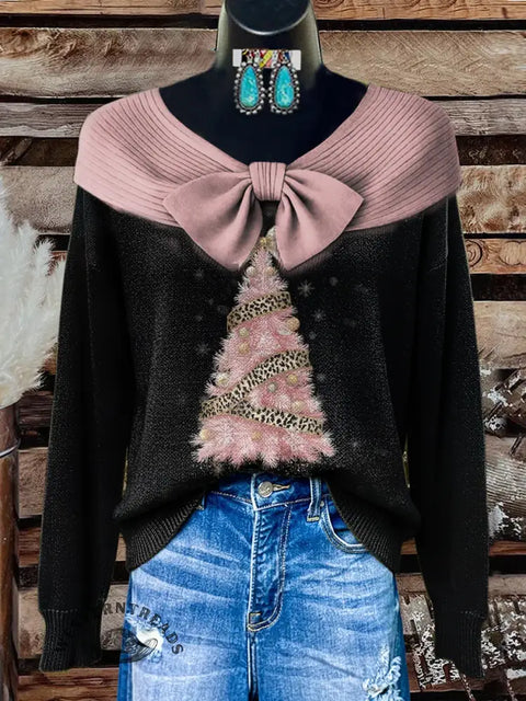 Women's Pink Leopard Print Christmas Tree Print Casual Cotton Sweater