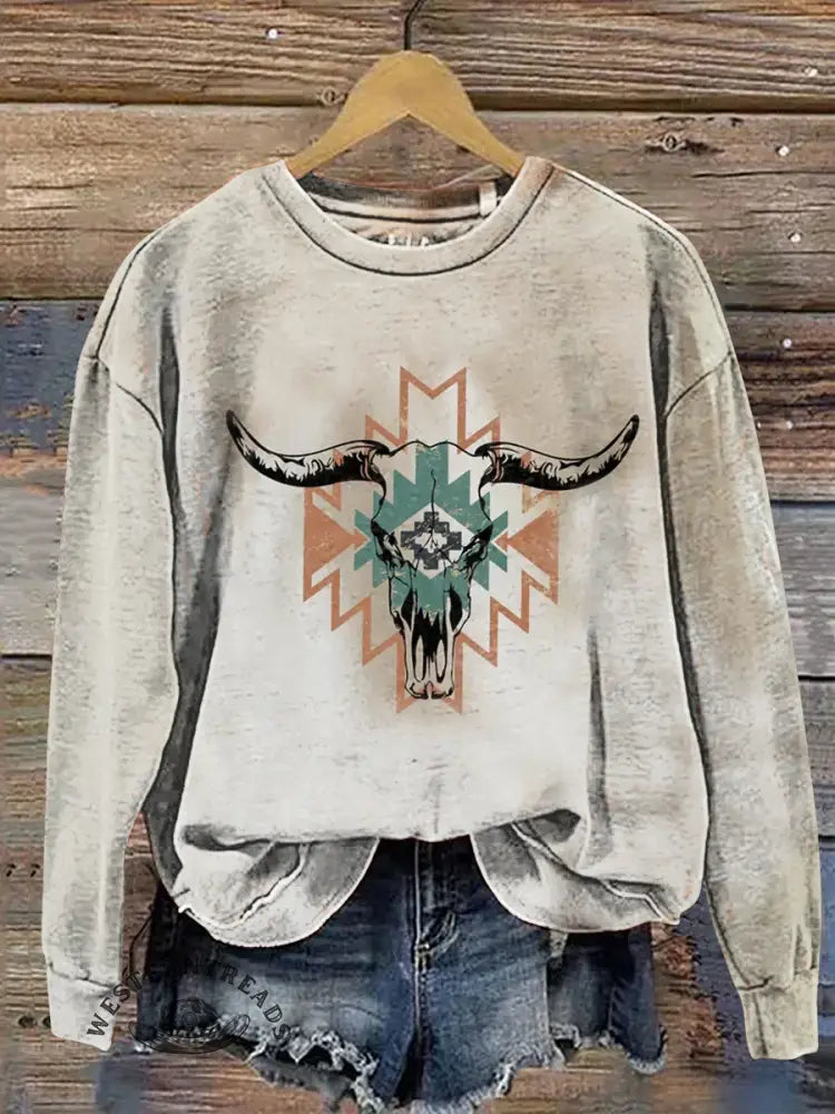 Vintage Western Aztec Bull's Head Art Prints Casual Cotton Sweatshirt