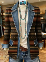 Retro Aztec Print Patchwork Denim Sweater Cardigan Coat