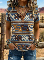 Vintage Art Print Western Henley Neck T-shirt
