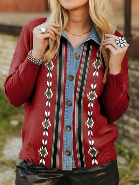 Aztec Print Denim Patchwork Contrast Plaid Polo Collar Button Cardigan Sweater
