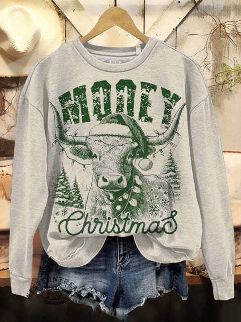 Christmas Mooey Print Casual Cotton Sweatshirt