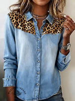 Women's Washed Denim Leopard Print Shirt