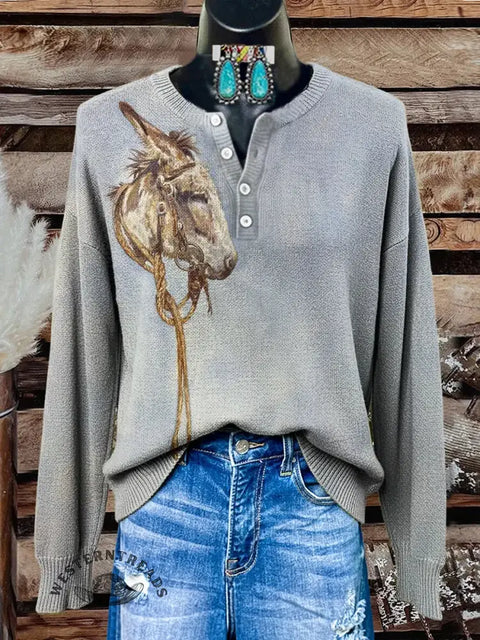 Retro Donkey Print Buttoned Cardigan Sweater