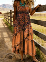 Retro Floral Print Sleeveless Multi-layered Ruffled Strap Dress