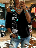 Women's Vintage Flowers Print Off-shoulder Patchwork Casual Shirt