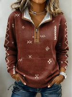 Vintage Aztec Art Print Casual Half-zip Cotton Sweatshirt