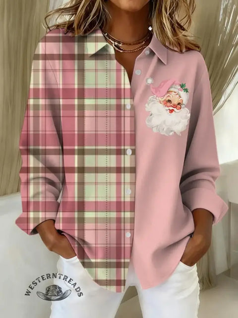 Women's Christmas Plaid Print Casual Cotton Shirt