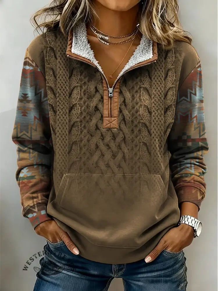Fabric Art Aztec Print Casual Half-zip Cotton Patchwork Sweatshirt