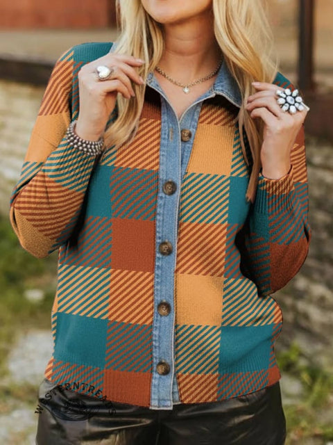 Checkered Print Denim Patchwork Contrast Plaid Polo Collar Button Cardigan Sweater