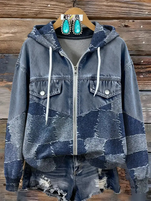 Art Print Patchwork Denim Zip-up Hoodie