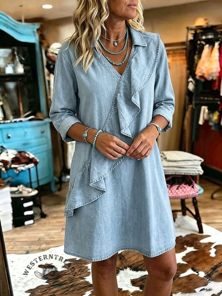 Women's Vintage V-neck Ruffles Patchwork Denim Dress