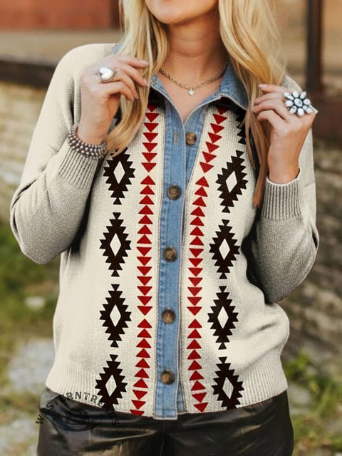 Aztec Print Denim Patchwork Contrast Plaid Polo Collar Button Cardigan Sweater