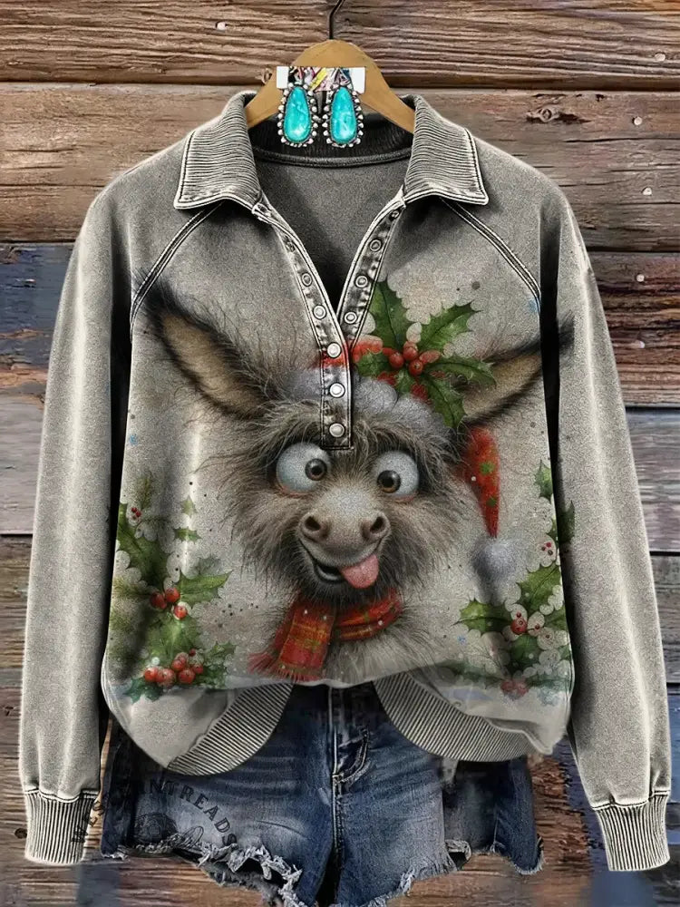 Women's Fun Christmas Donkey Print Casual Cotton Sweatshirt