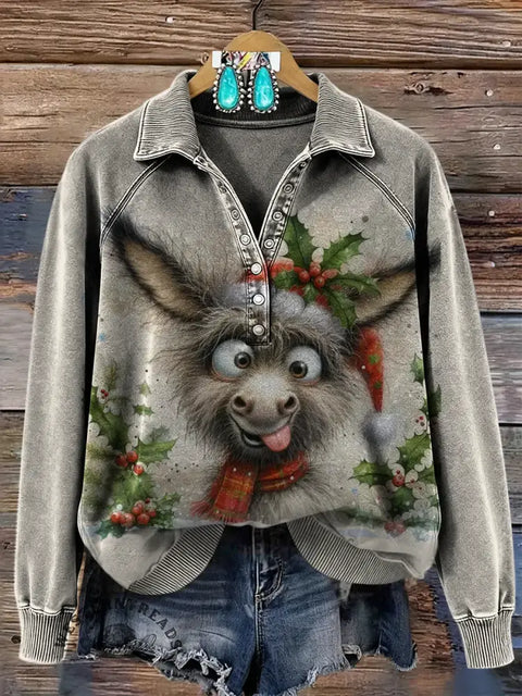Women's Fun Christmas Donkey Print Casual Cotton Sweatshirt
