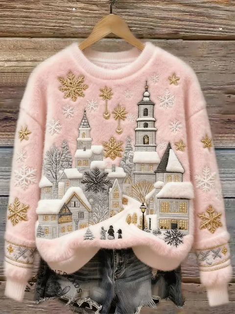 Christmas Snow Scene Embroidery Art Print Cozy Plush Sweater