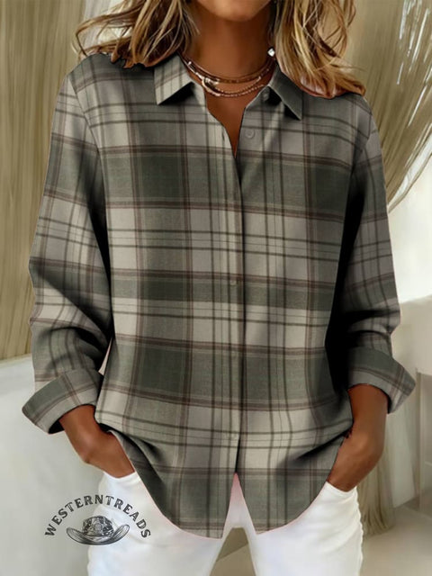 Women's Greyish-green Checkered Print Casual Cotton Shirt