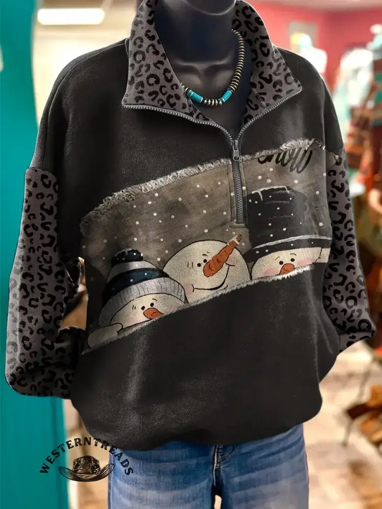 Vintage Snowman Print Casual Long Sleeve Zip Sweatshirt