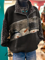Vintage Snowman Print Casual Long Sleeve Zip Sweatshirt