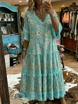 Women's Western Bohemian Floral Print Tassel Patchwork Casual V-Neck Dress