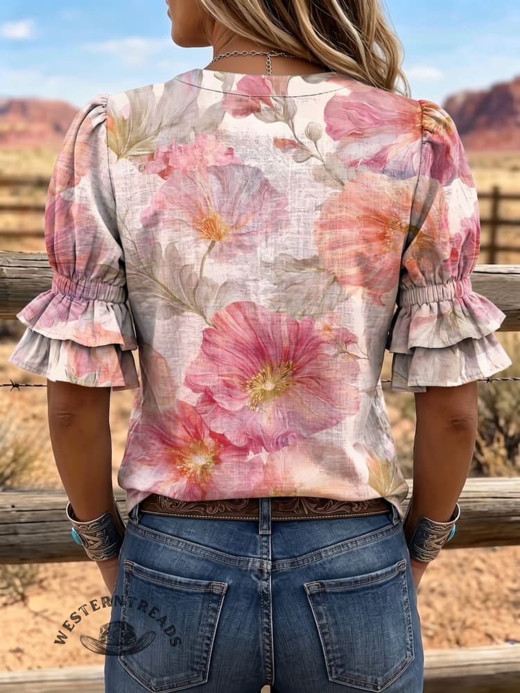 Women's Vintage Art Puff Sleeve Casual Shirt