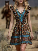Women's Vintage Patchwork Casual V-neck Ruffled Dress