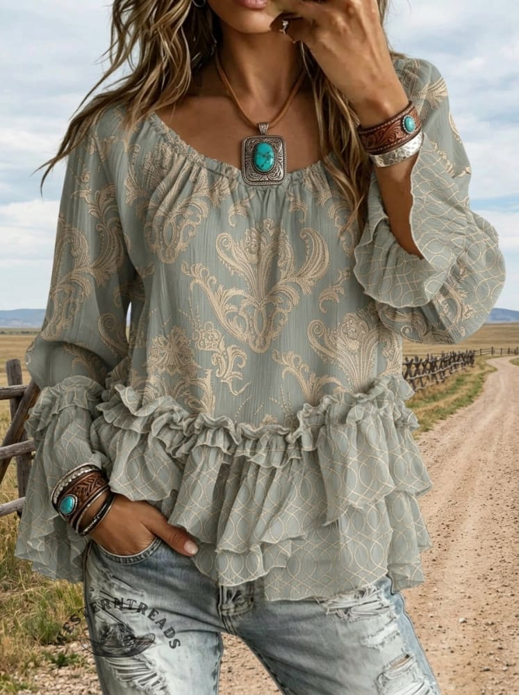Vintage Art Print Casual Ruffle Shirt