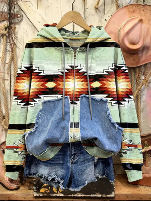 Retro Western Print Casual Cotton Patchwork Hooded Zip-up Sweatshirt
