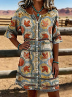 Vintage Floral Print Casual Hollow-Out Denim Dress