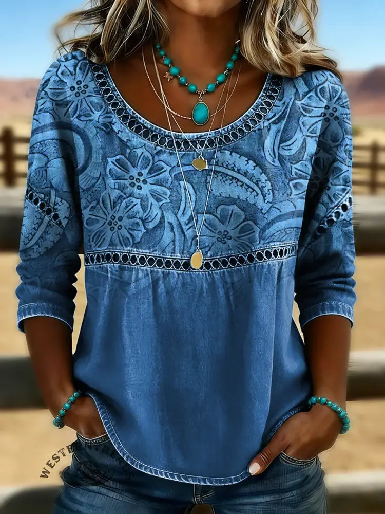 Retro Floral Print Casual Hollow Denim Shirt