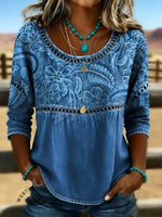Retro Floral Print Casual Hollow Denim Shirt