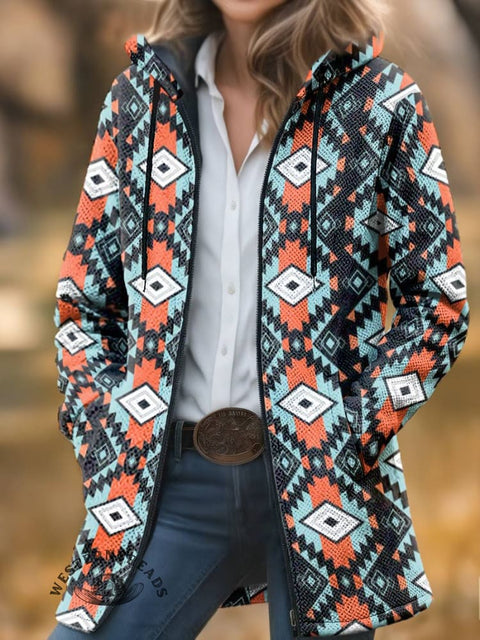 Aztec Print Unisex Plush Thick Long-Sleeved Cardigan Coat