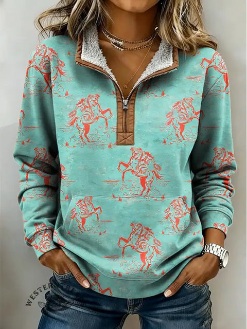 Turquoise Western Print Casual Half-Zip Cotton Sweatshirt