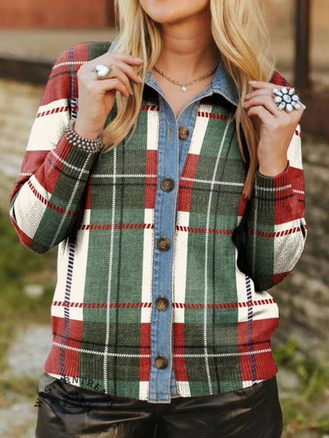 Red And Green Checkered Denim Patchwork Contrast Plaid Polo Collar Button Cardigan Sweater